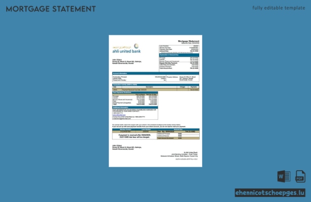 Kuwait Al Ahli United Bank Hypothekenabrechnung Word- und PDF-Beispielvorschau